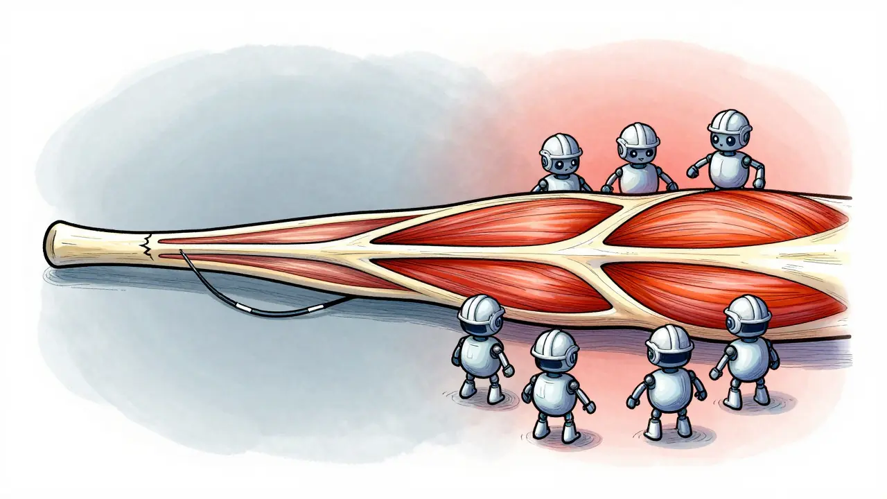 Conceptual illustration of muscle fiber degradation and cellular repair