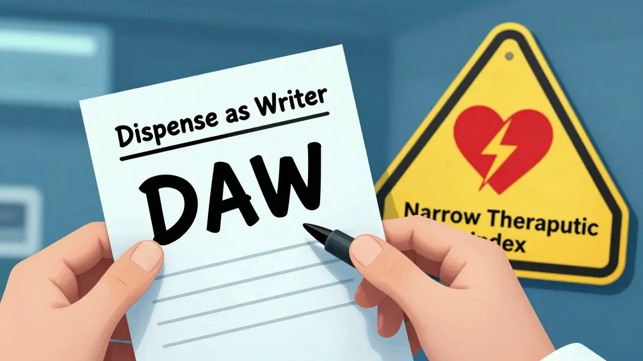 Drawing of a prescription with a DAW order and a high-risk medication warning sign.