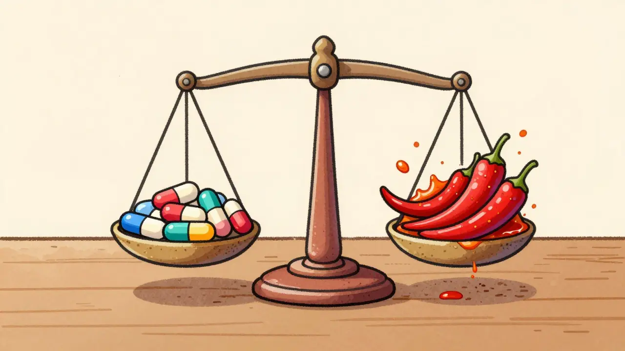 Drawing of pills balanced against spicy peppers showing dietary risk factors.