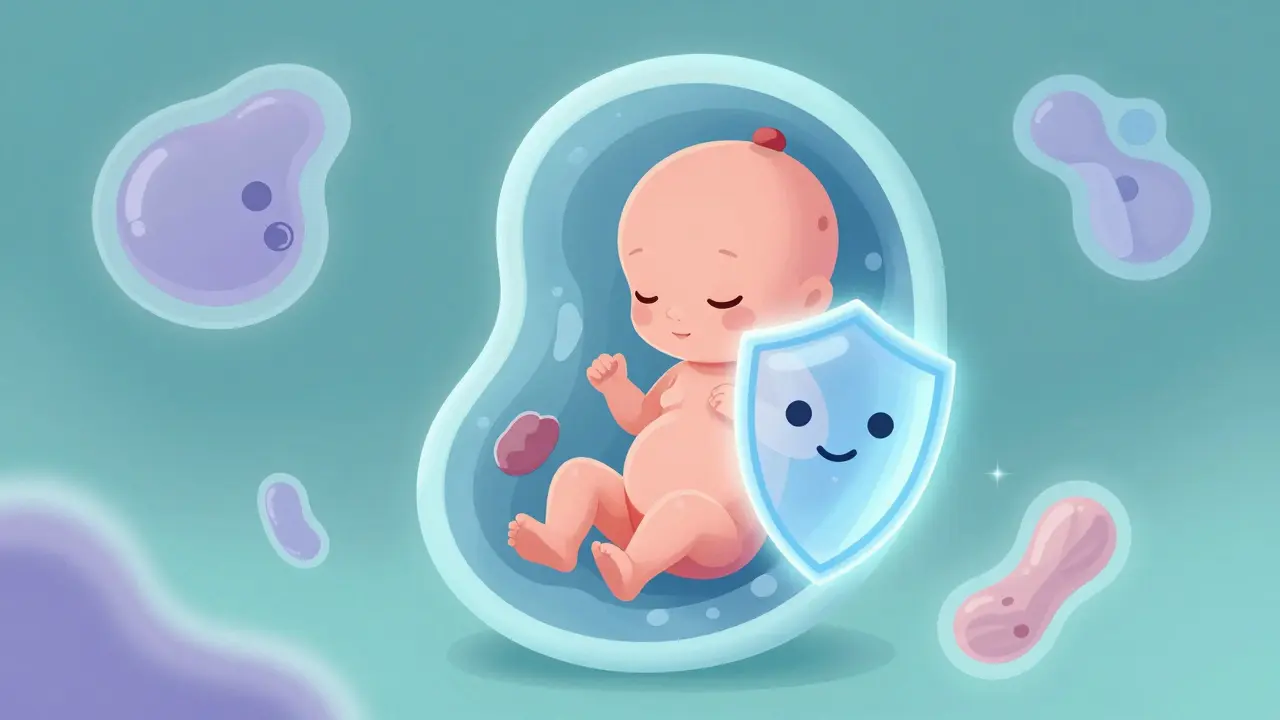 Illustration of a developing fetus in a protective glow, focusing on organ function in the second trimester.