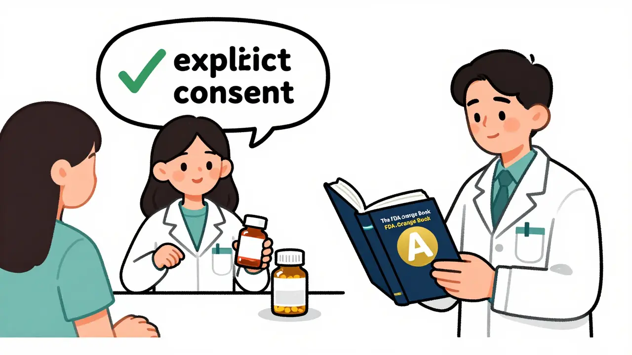Illustration of a pharmacist obtaining patient consent and checking the FDA Orange Book.