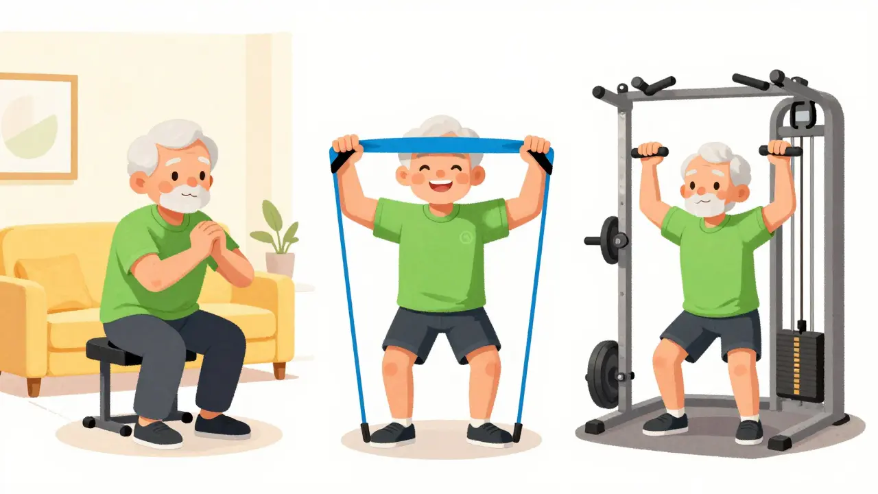 Montage of a senior progressing from chair squats to gym weight machines