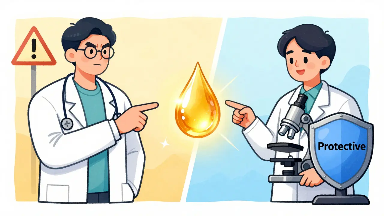 Two medical experts debating the safety of Evening Primrose Oil with a golden oil drop between them.