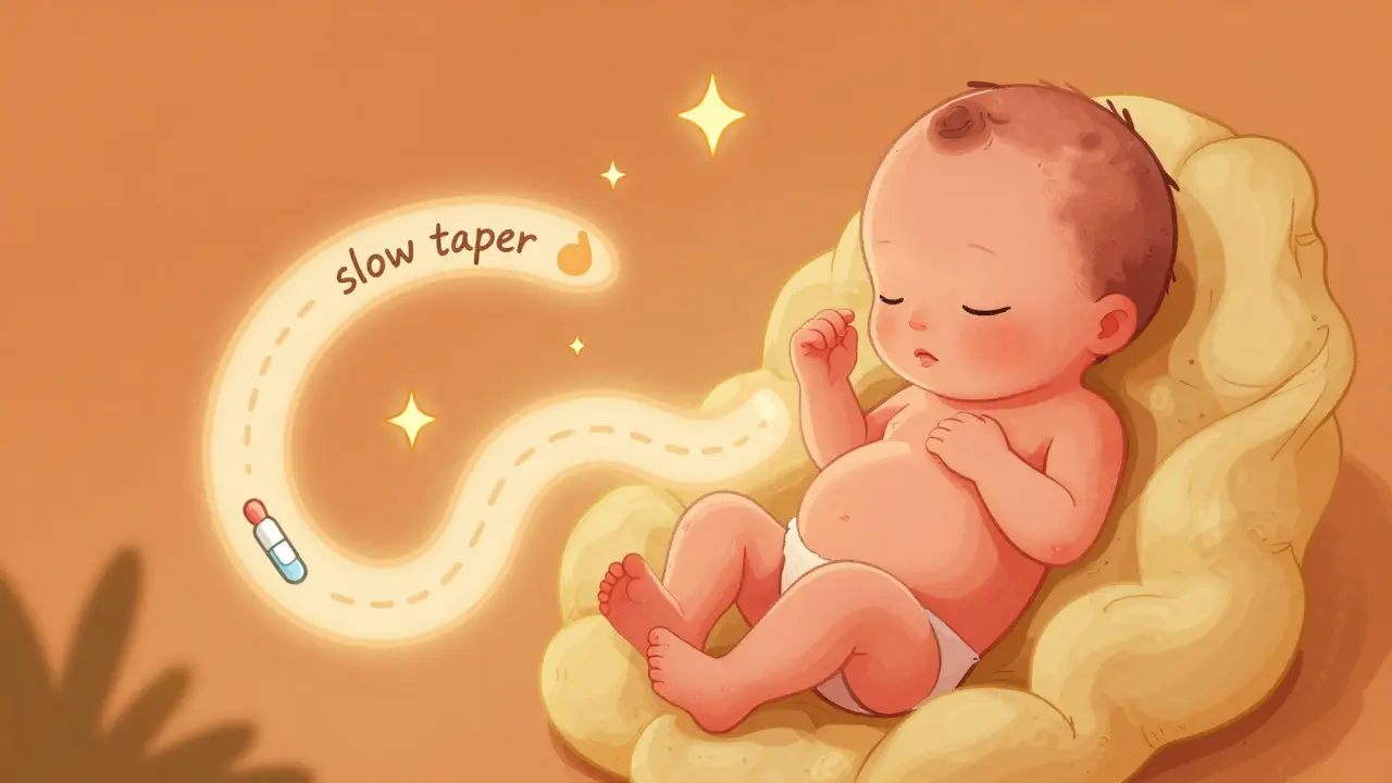 Warm illustration of a full-term fetus with symbols of a gradual medication taper for a safe birth.