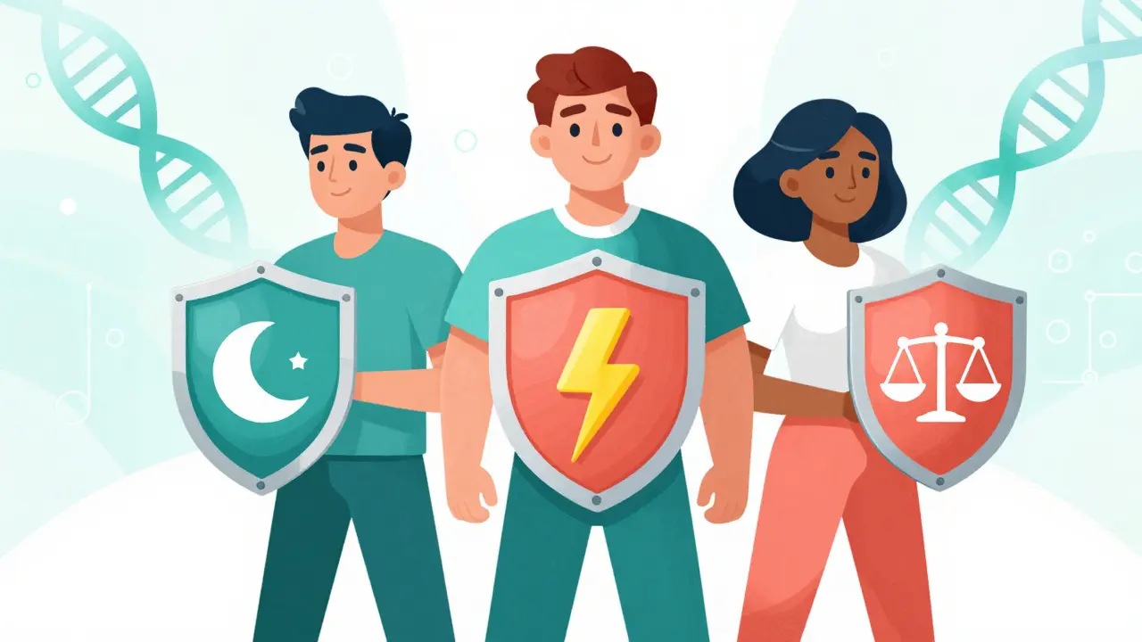Characters with shields representing sleep, energy, and weight balance