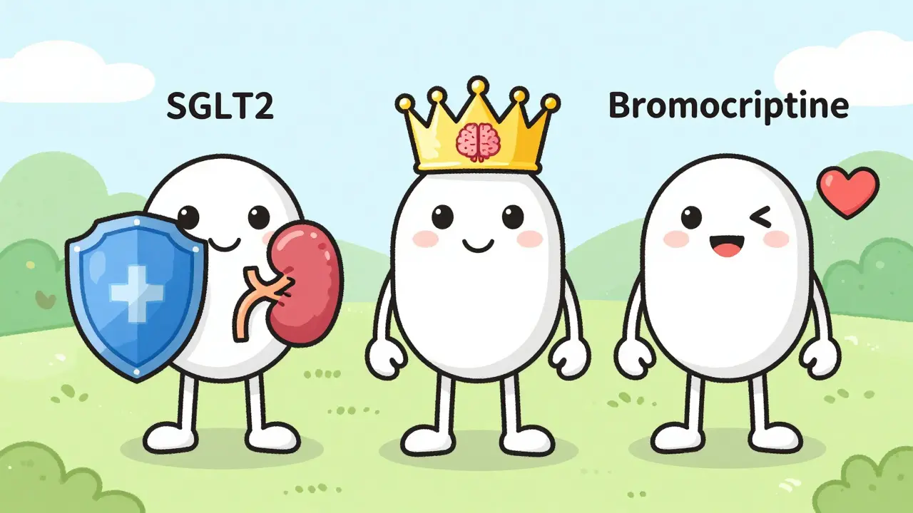 Comparison cartoon of different diabetes drugs highlighting bromocriptine's unique benefits.