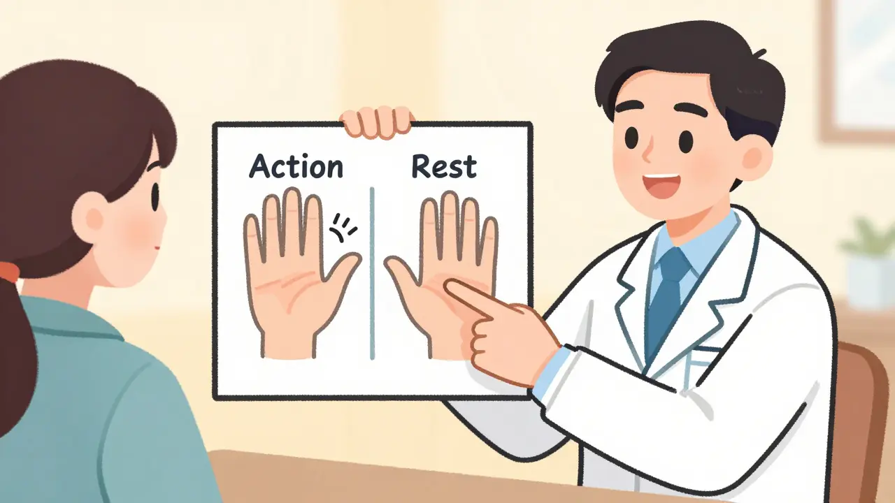 Doctor explaining difference between drug-induced and Parkinson's tremors