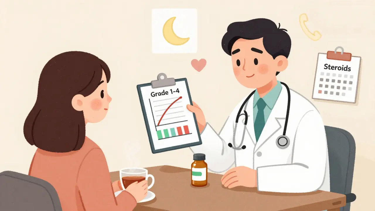 Doctor explaining steroid treatment plan to a relieved patient