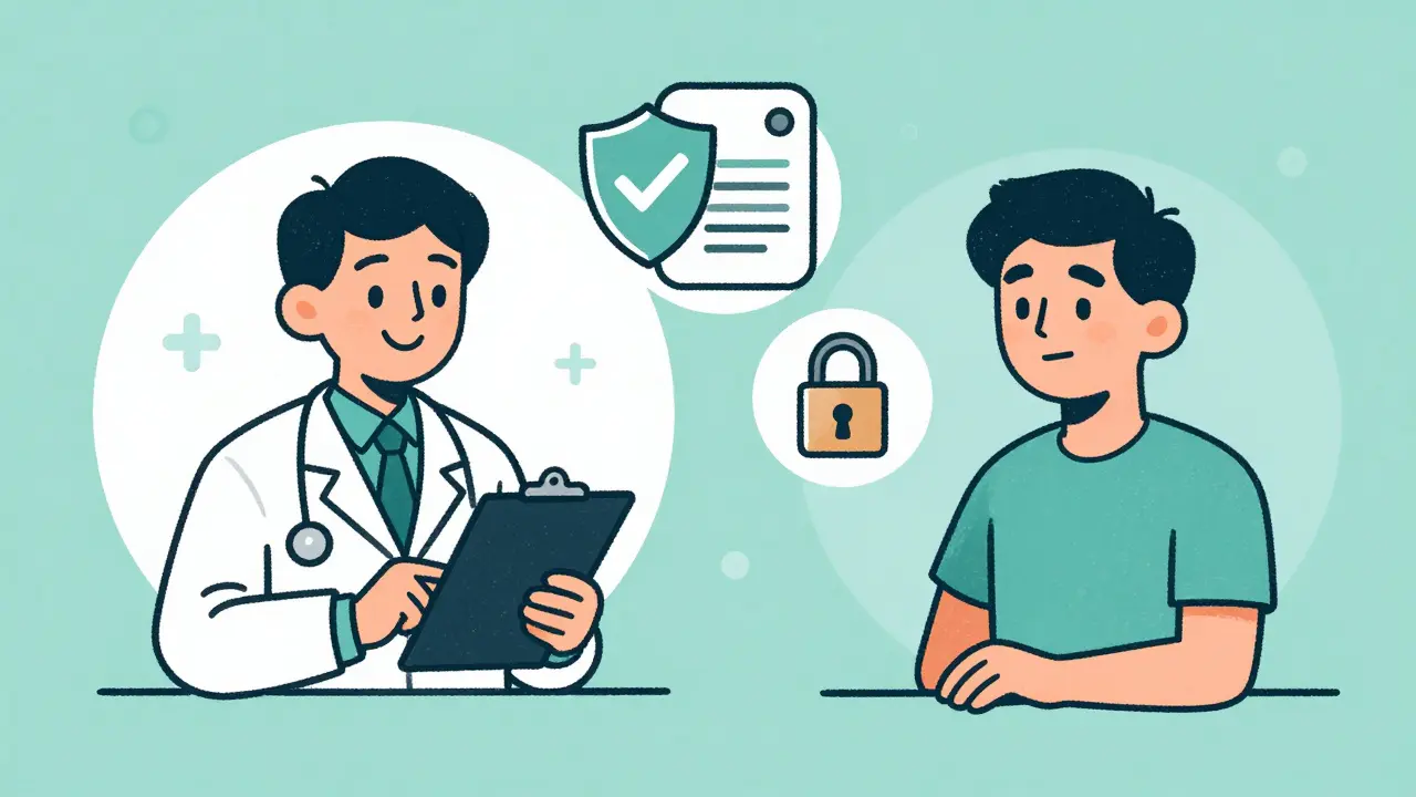 Friendly cartoon doctor and patient discussing safe prescription