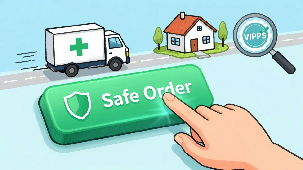 Hand clicking secure order button with delivery truck and safety shield
