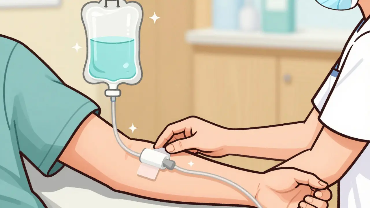 Hand-drawn cartoon of a patient receiving an IVIG infusion in a comfortable clinic setting.