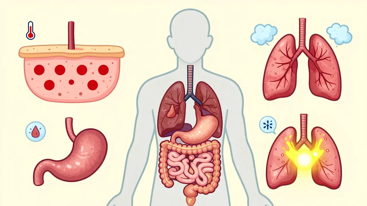 Illustrated human body highlighting organs at risk from immune side effects