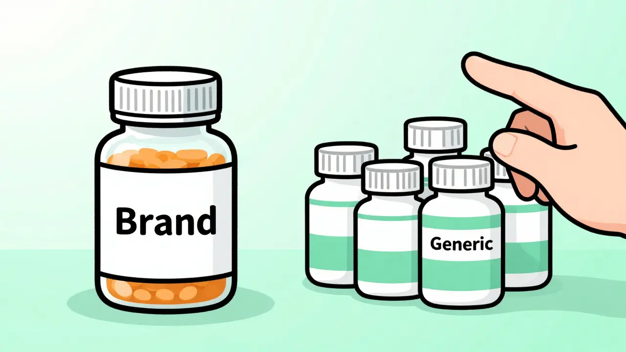 Illustration comparing brand name vs generic pill bottles for cost