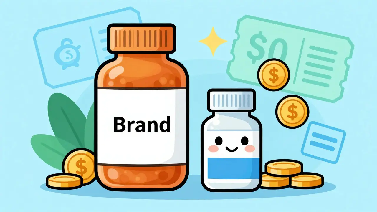 Illustration comparing cheap generic medication bottles to expensive brand names
