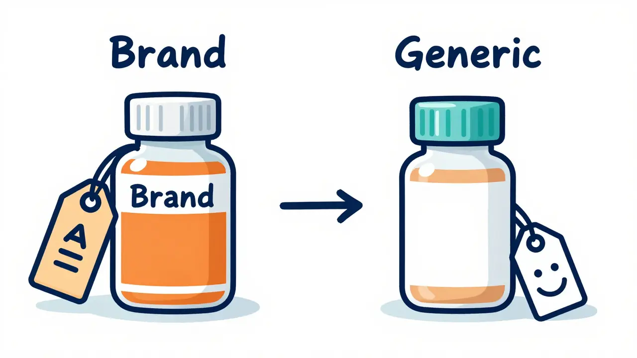 Illustration comparing expensive brand drug vs affordable generic alternative