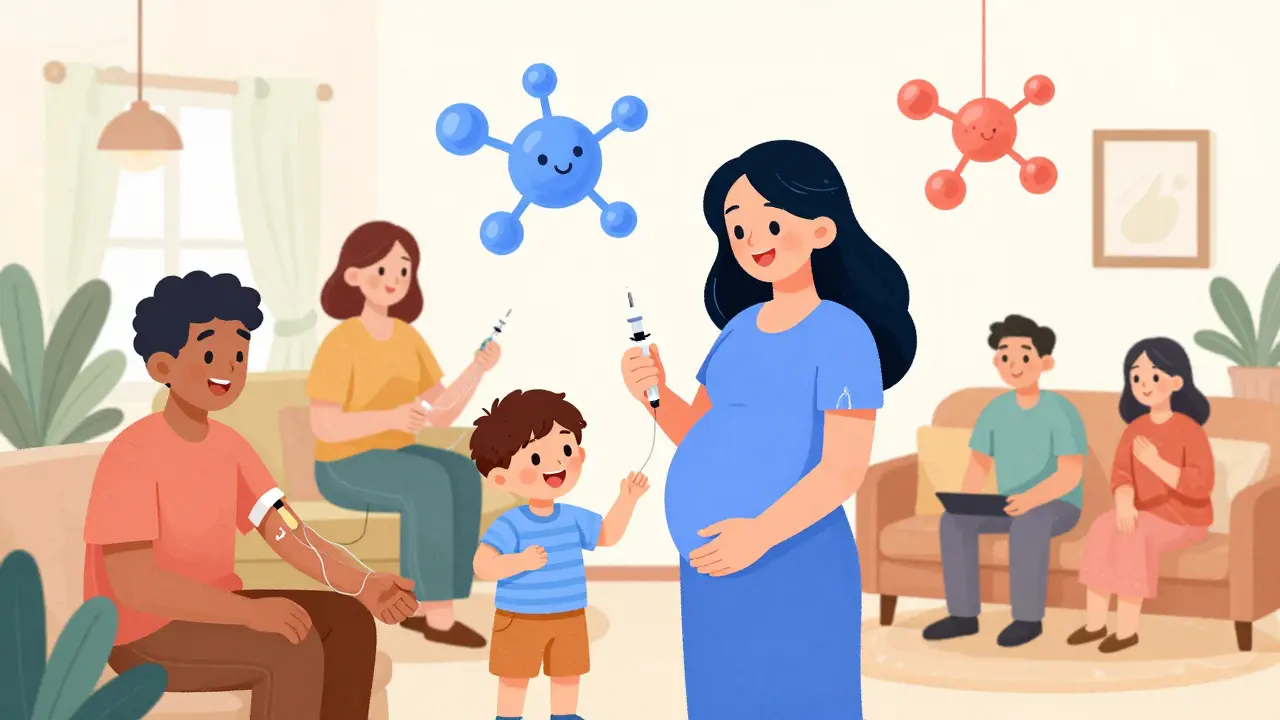 Illustration of patients safely administering subcutaneous immunoglobulin treatments at home.