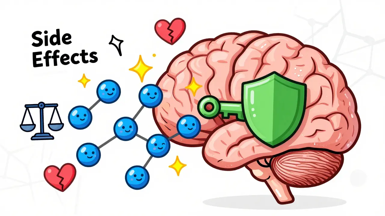Illustration showing how second meds block side effects in the brain