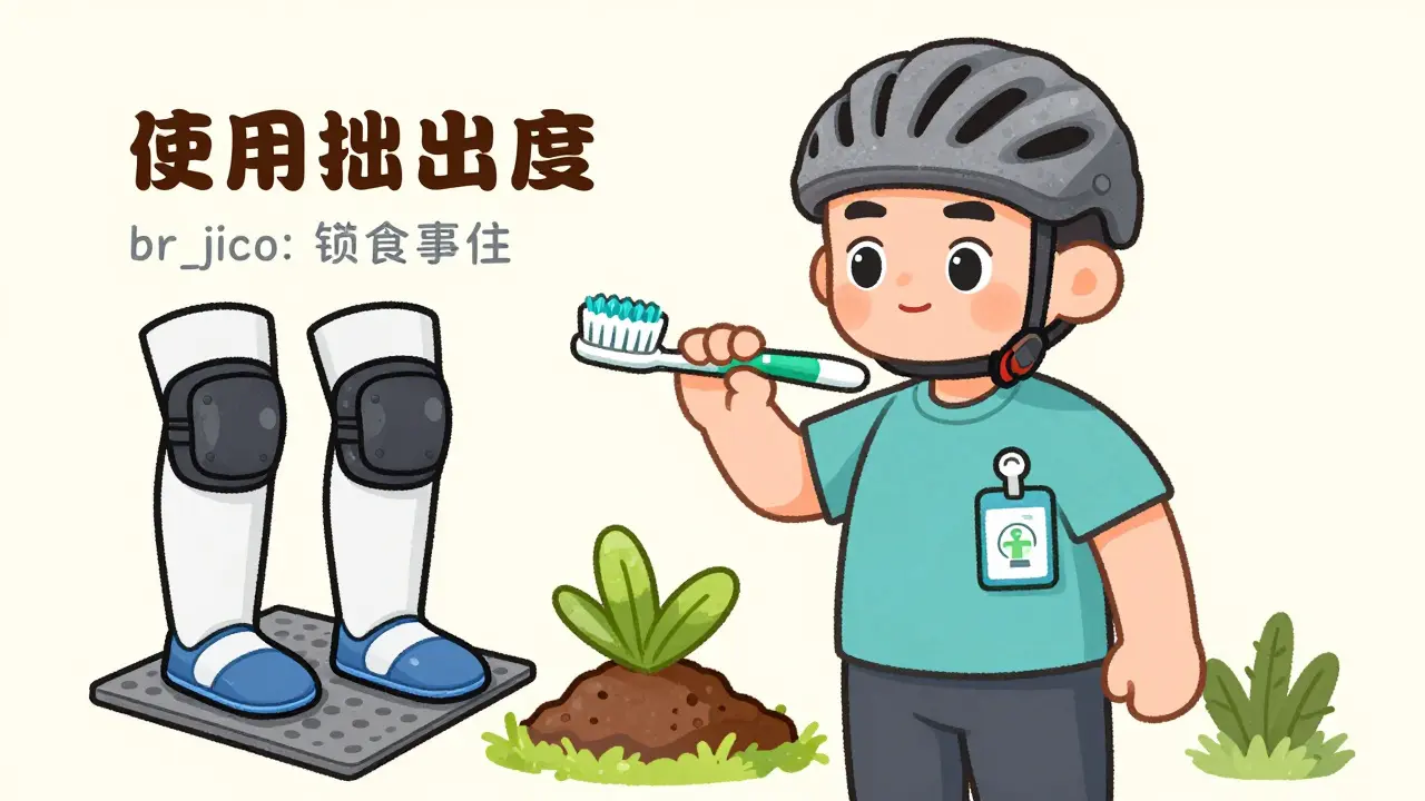 Patient using safety gear like helmets and soft toothbrushes for daily protection