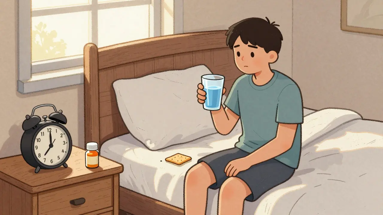 Person taking medication with crackers upon waking up for proper timing.