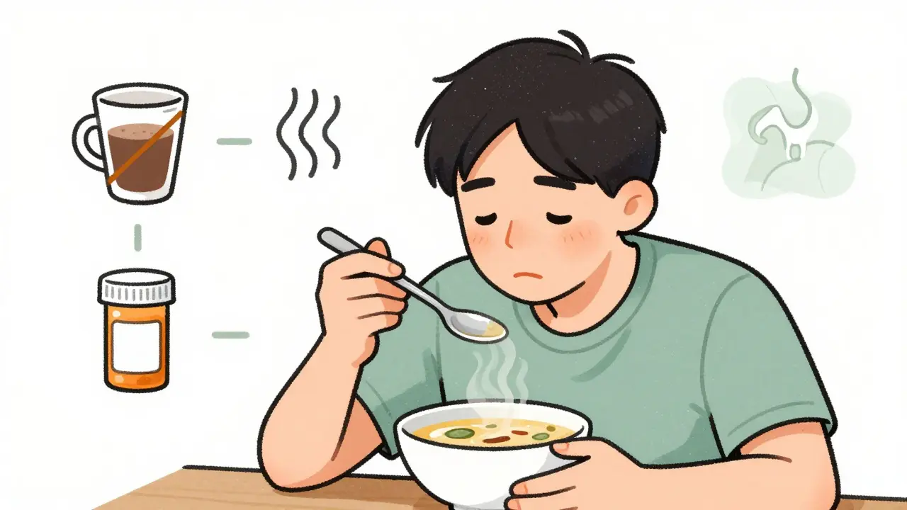 Person using weighted utensils and avoiding caffeine to manage tremors