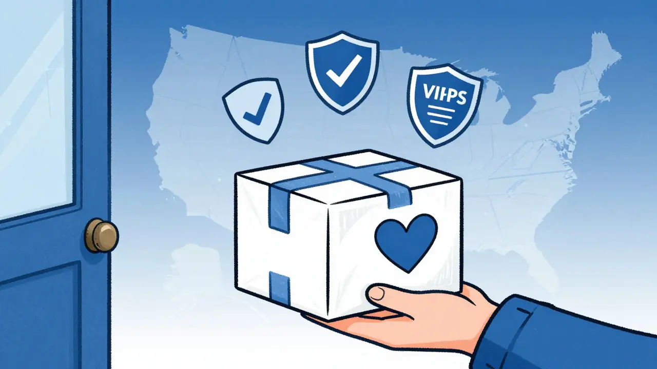 Secure medicine package arriving at a doorstep with safety shield icons