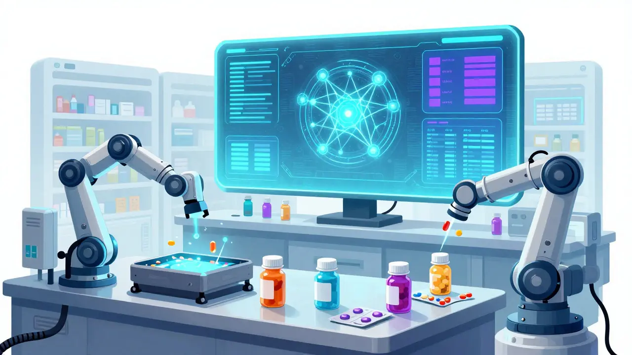 Automated robots sorting pills in a high-tech digital pharmacy warehouse