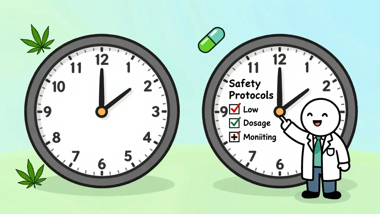 Cartoon guide showing staggered dosing times for safety