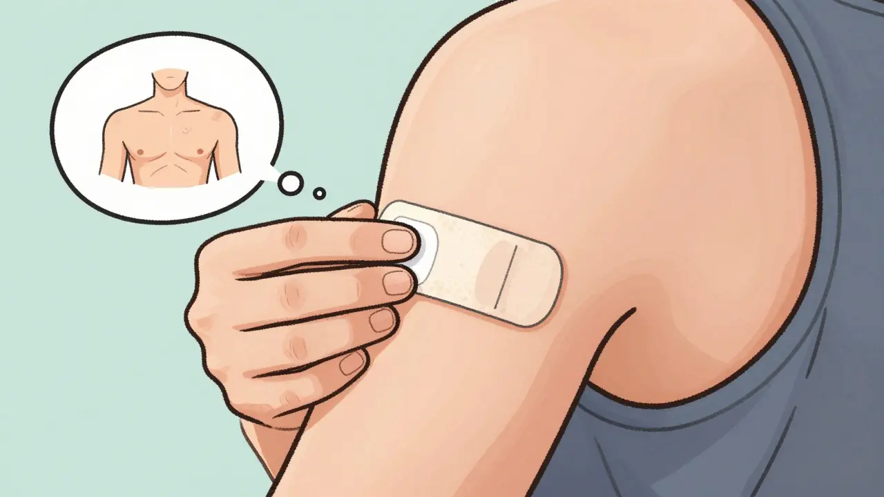 Close-up of a transdermal patch on clean skin with rotation guide