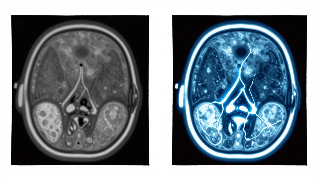 Comparison of blurry MRI vs glowing MRA scan revealing hip labral tear