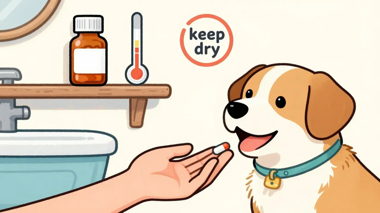 Dog taking pill with proper medication storage nearby