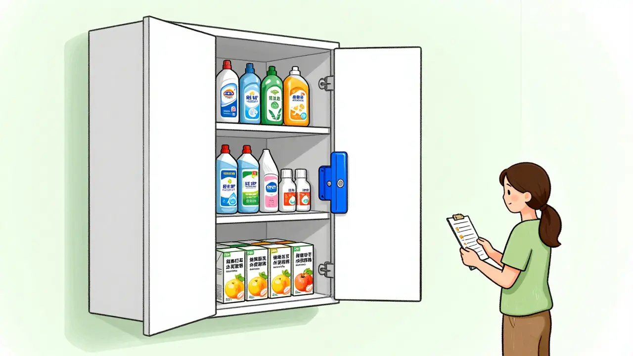 High locked cabinet separating chemicals from food