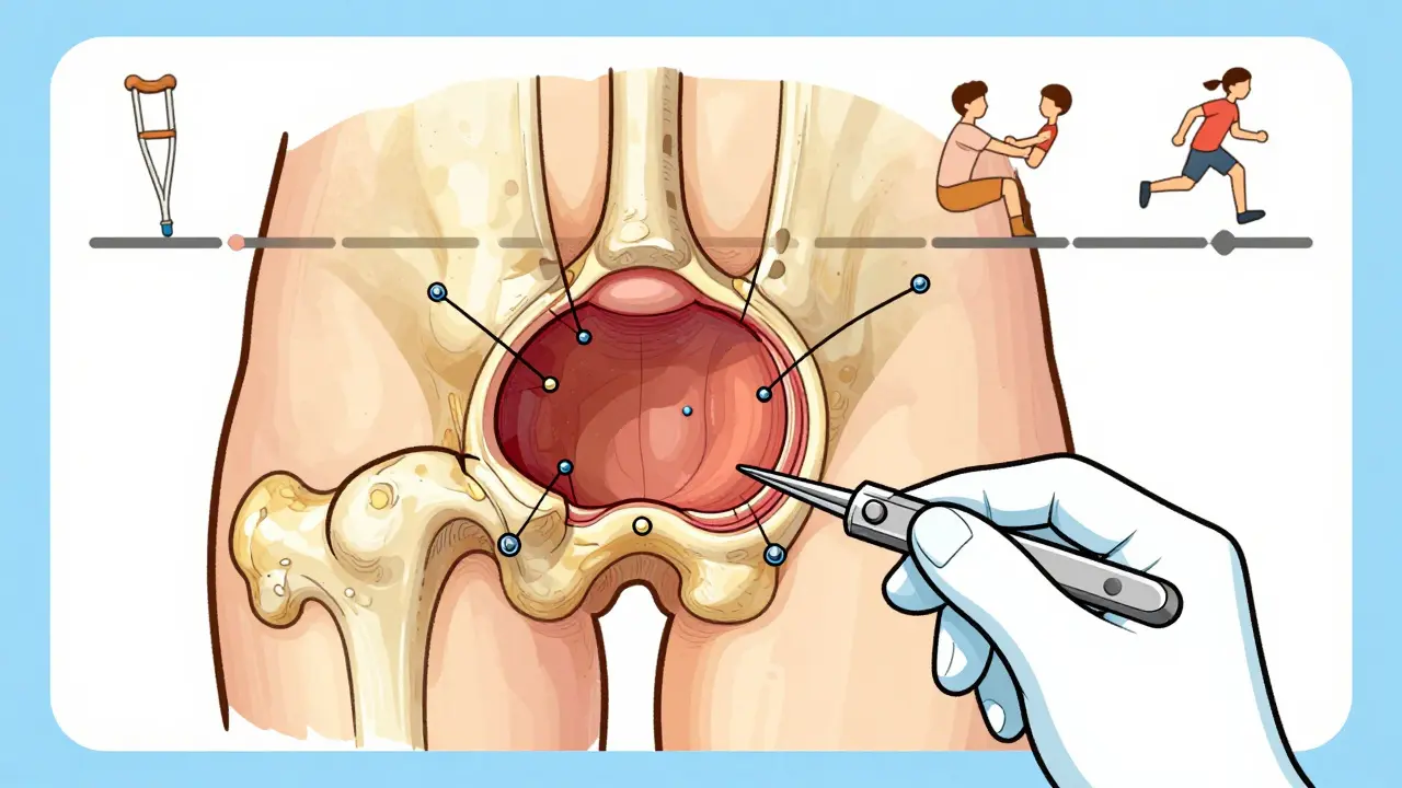 Illustration of hip arthroscopy surgery repairing torn labrum with sutures