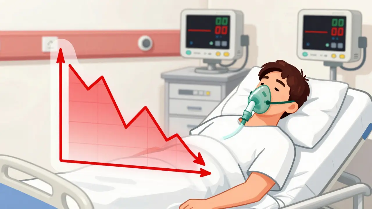 Illustration of patient with low oxygen levels due to drug mix