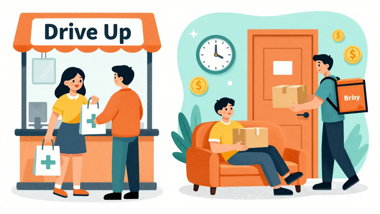 Illustration showing curbside pickup and home delivery options for medicine