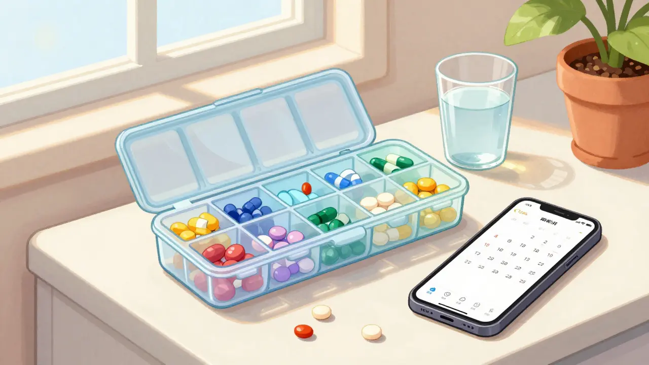 Organized pill box and phone reminder on nightstand