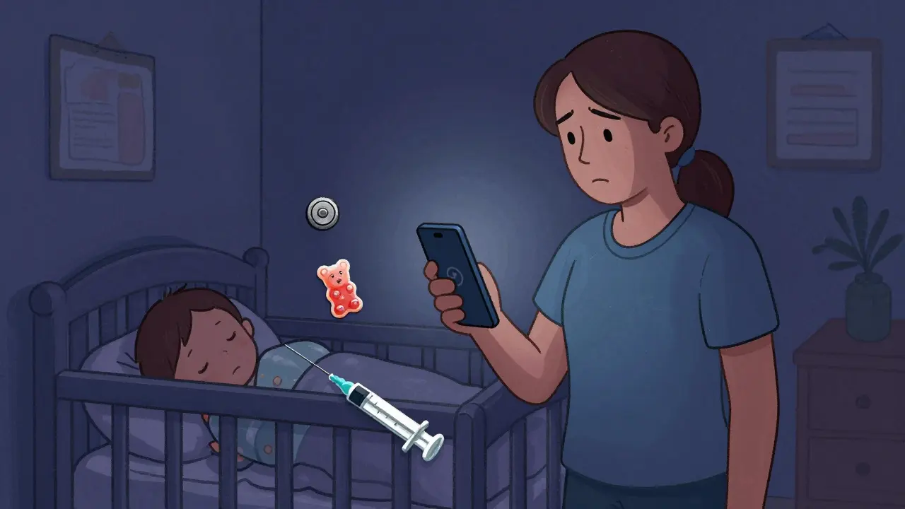 Parent checking phone near toddler with hazard icons