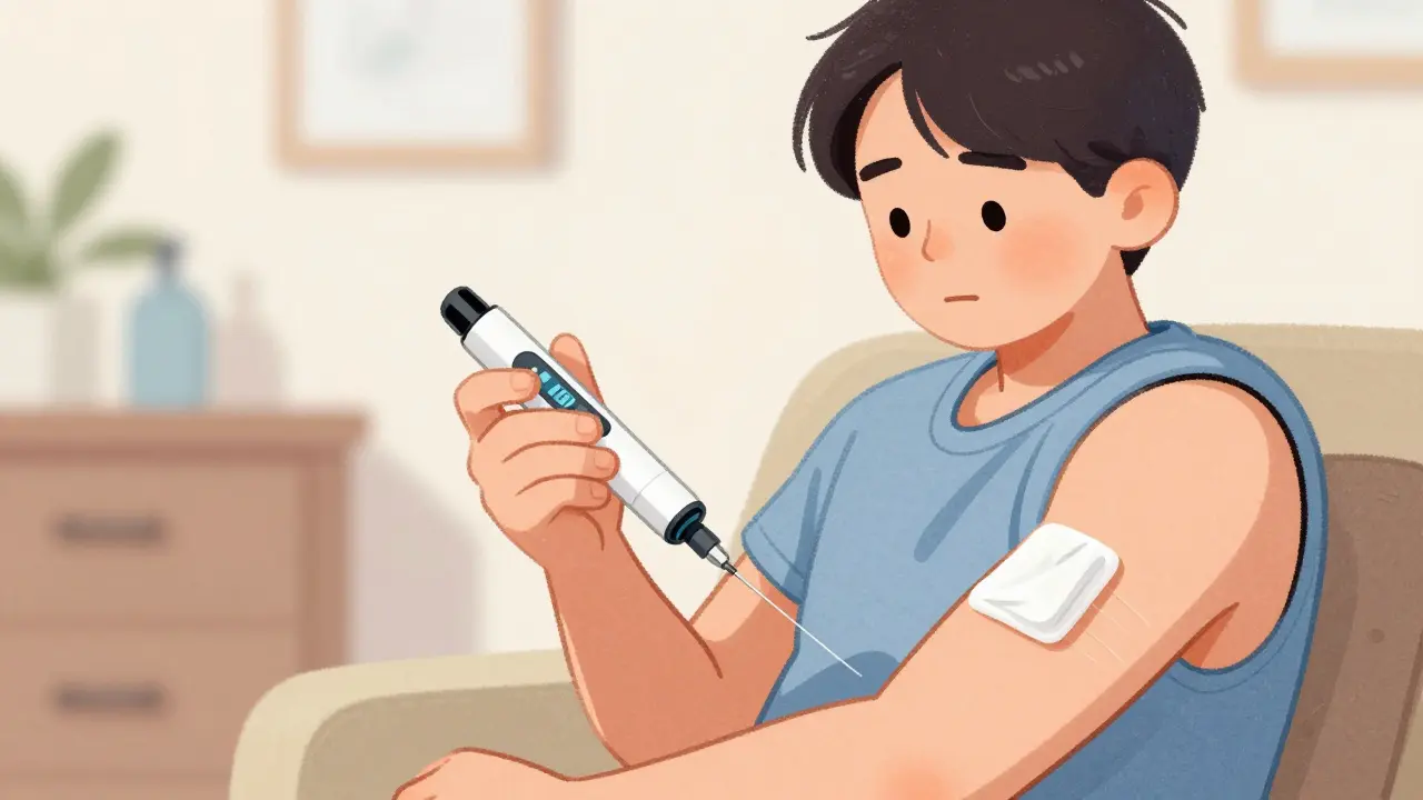 Patient calmly preparing to use a smart injectable pen
