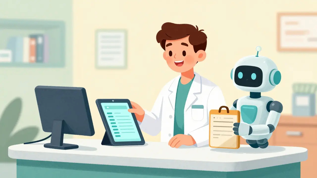 Pharmacist and robot assistant reviewing patient medication on a tablet