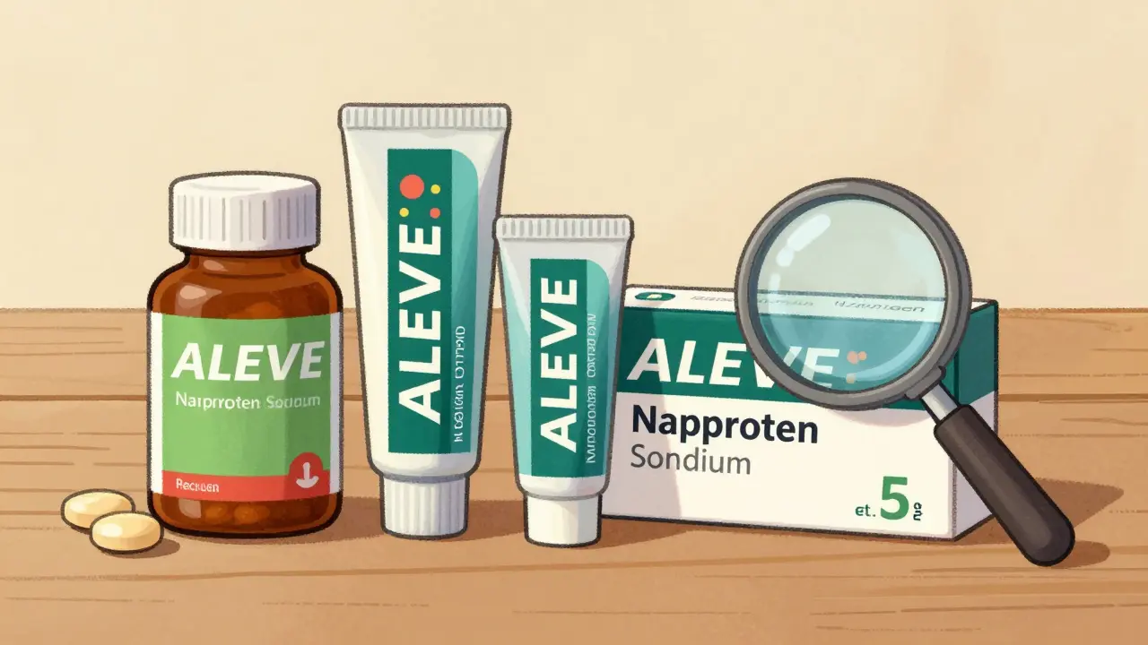 Various forms of naproxen sodium pain relievers displayed with a magnifying glass