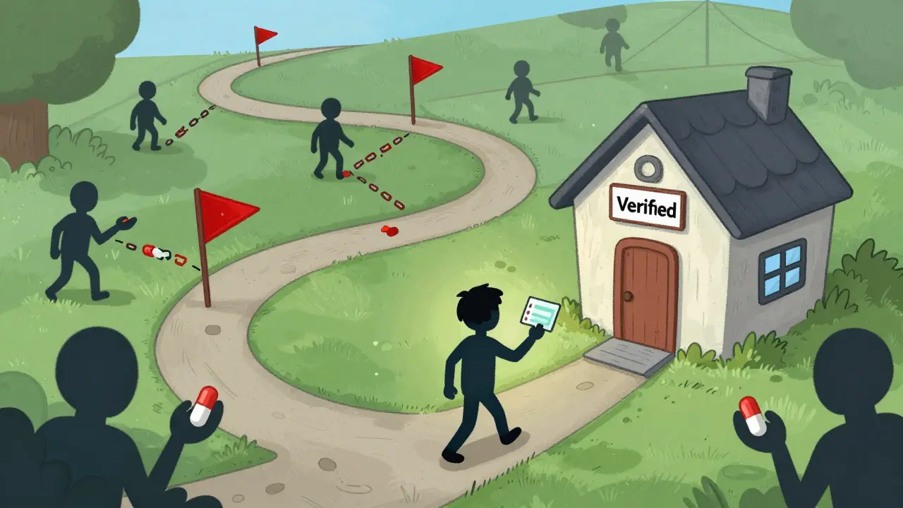 Cartoon showing safe path to verified pharmacy avoiding scam traps