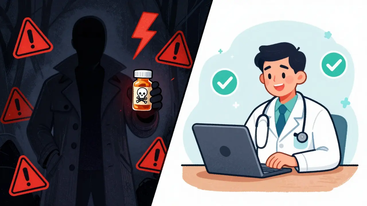 Contrast between shady drug dealer and telehealth doctor