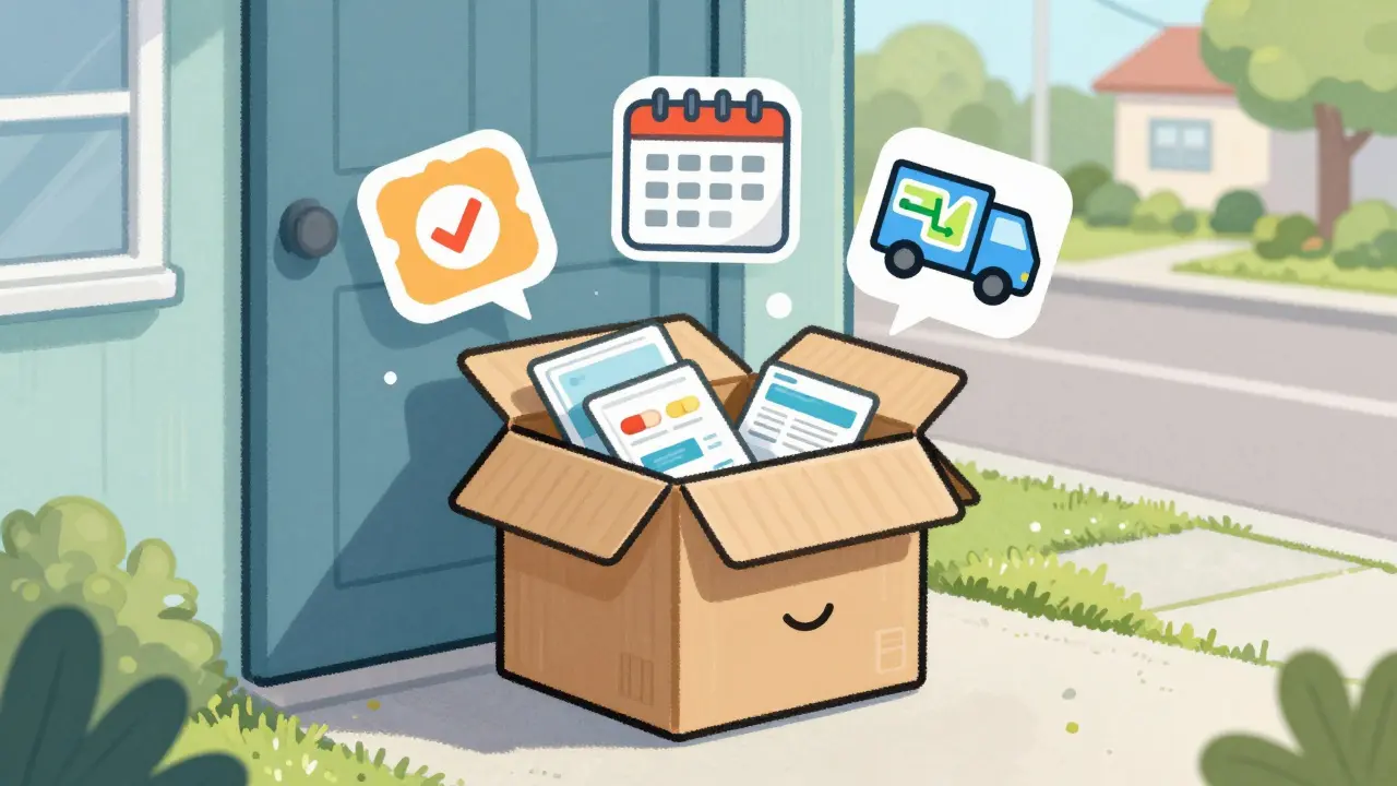 Delivery box with medication and savings icons on doorstep