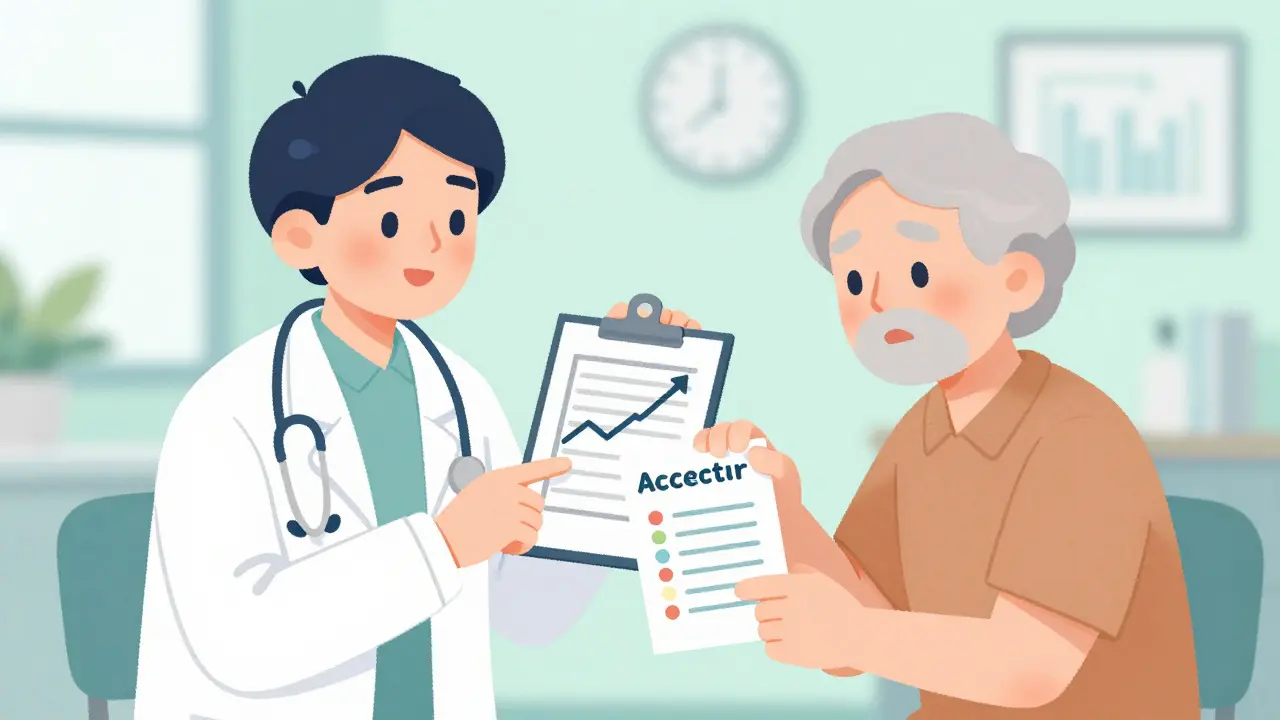 Doctor advising senior patient on safer medication alternatives