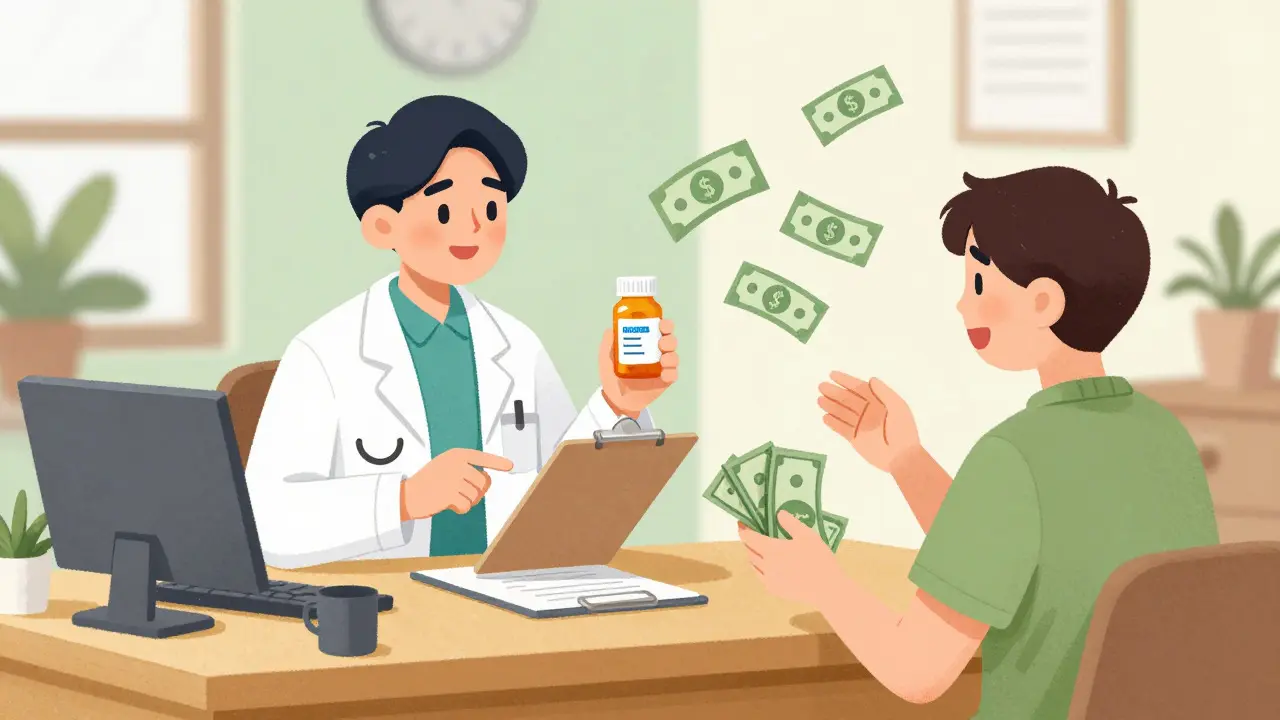Doctor and pharmacist reassuring a patient about generic medication savings.