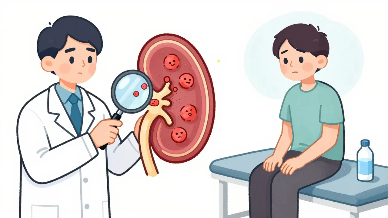 Doctor examining kidney tissue cells while patient rests nearby