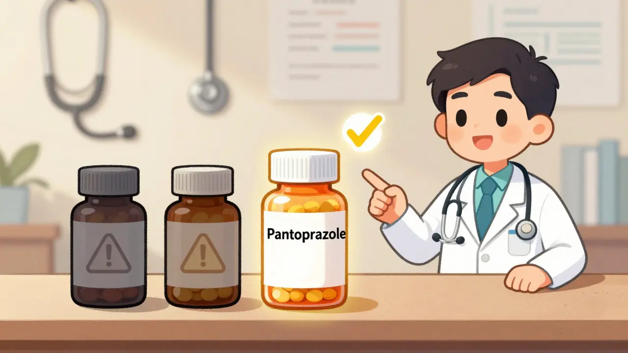 Doctor pointing to safe and unsafe pill combinations in cartoon style