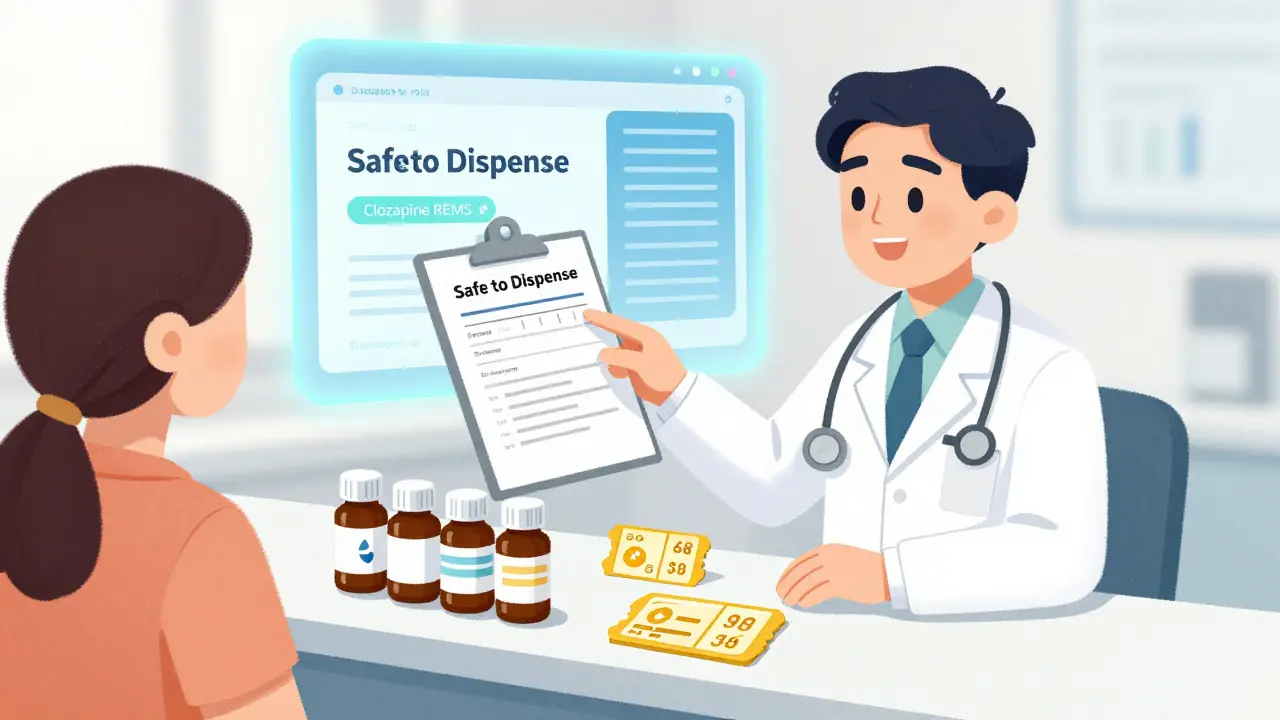 Doctor verifying REMS status for safe medication dispensing