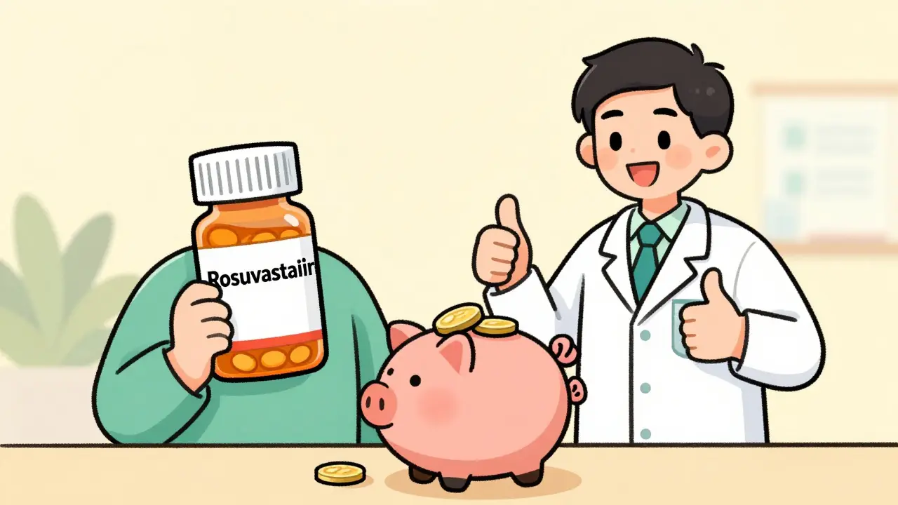 Happy patient saving money with generic medication and piggy bank
