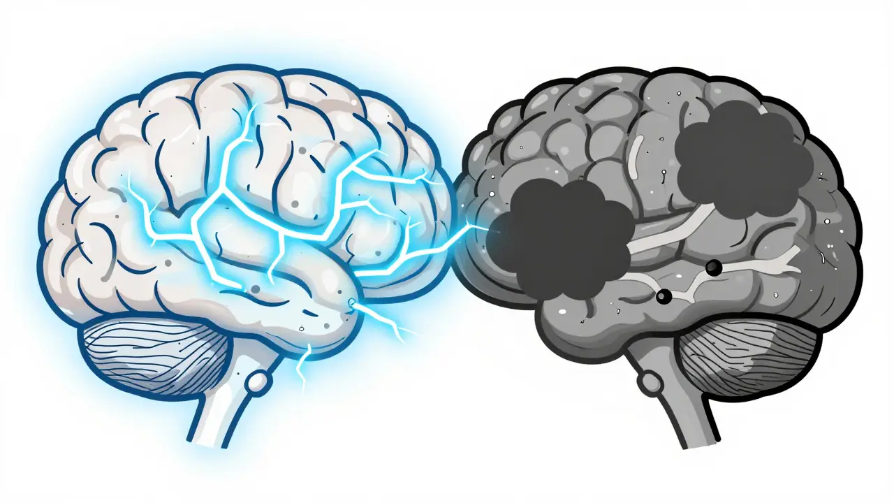 Illustration of brain showing blocked neural pathways by drug clouds