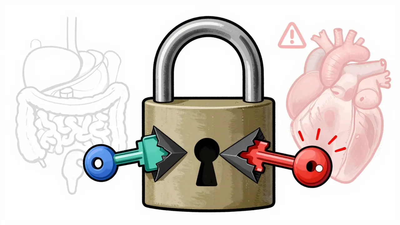 Illustration of drug molecules blocking receptors causing side effects
